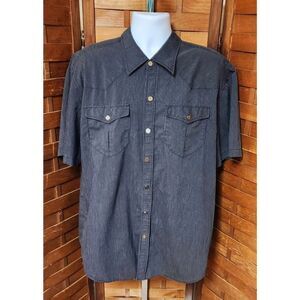Victorious Mens Shirt 2XL Gray Pin Striped Embroidered Beaded Cross Short Sleeve